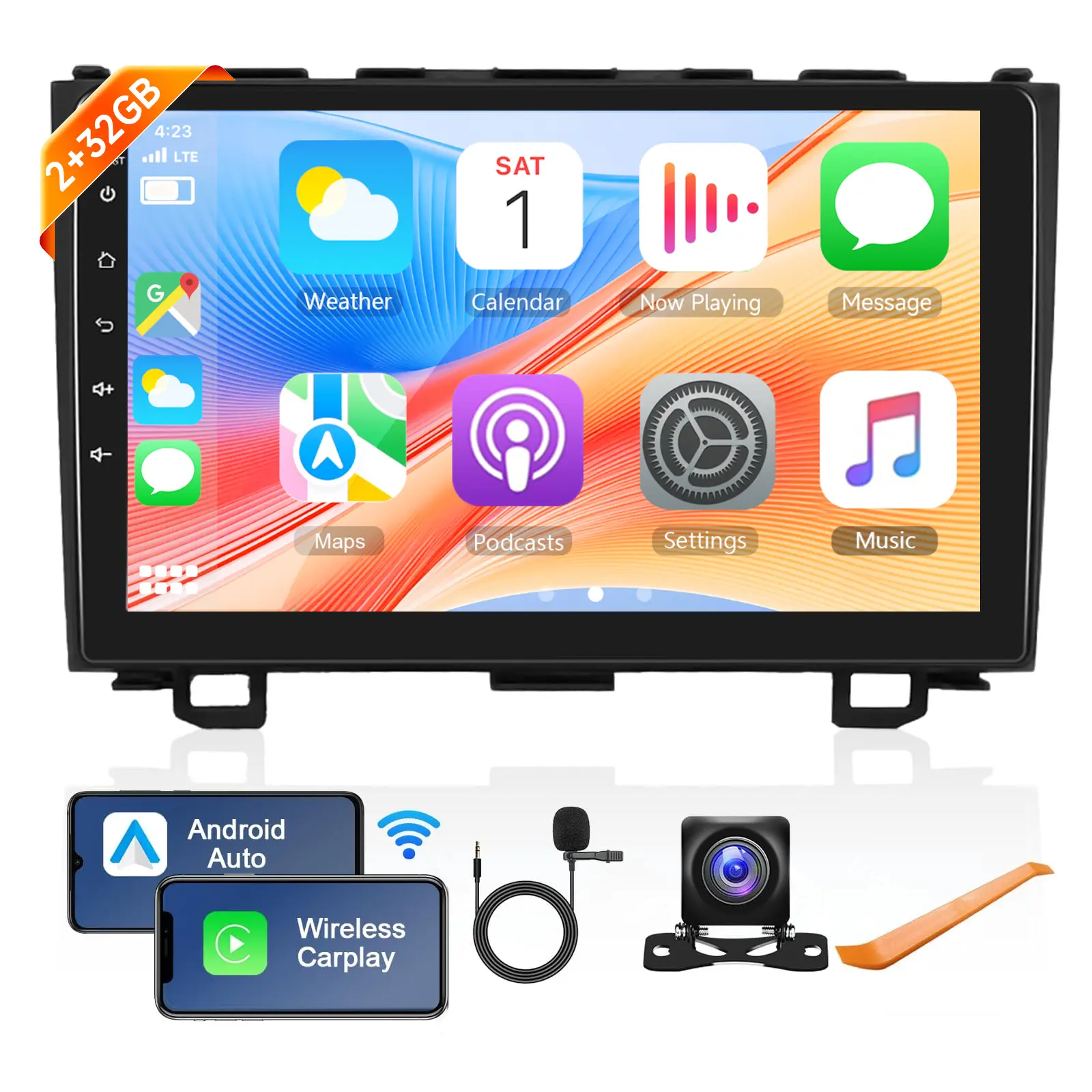 9" Android Car Stereo Car Audio for Honda CRV 2007-2011, Wireless Carplay, Android Auto, WiFi GPS Navigation, Touchscreen Bluetooth Radio, USB Support, FM/RDS, Backup Camera, Steering Wheel Control, Father's Day Gift