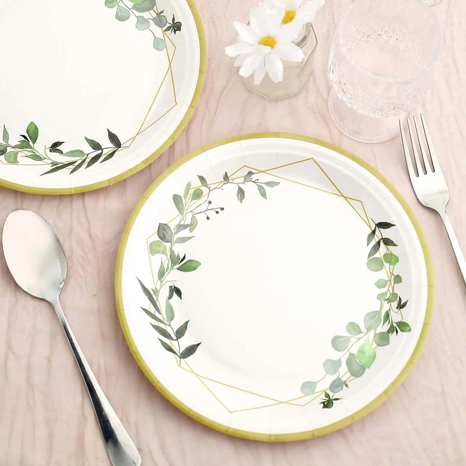 Disposable Round Paper Plates - 24-Pack 9" White Fancy Eucalyptus Leaf Motif Gold Rim, 300GSM Bulk Box Pack Disposable Tableware for Wedding, Garden Celebrations (Home, Festive & Party Supplies), Paper Plates Bulk, Fancy Paper Plates