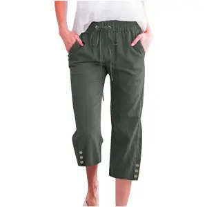 Women's Capri Pants, Elastic High Waist Drawstring Cropped Pants with Pockets, Button Detail Loose Fit Summer Comfy Casual Trousers