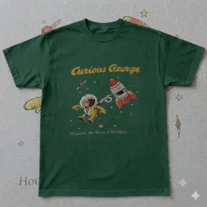Curious George Astronaut Space Rocket T-shirt And Baby Tee | Vintage Outer Space Cartoon Graphic Shirt, Retro Monkey Top, Nostalgic Childhood Book Character Clothing, Funny Outer Space Gift