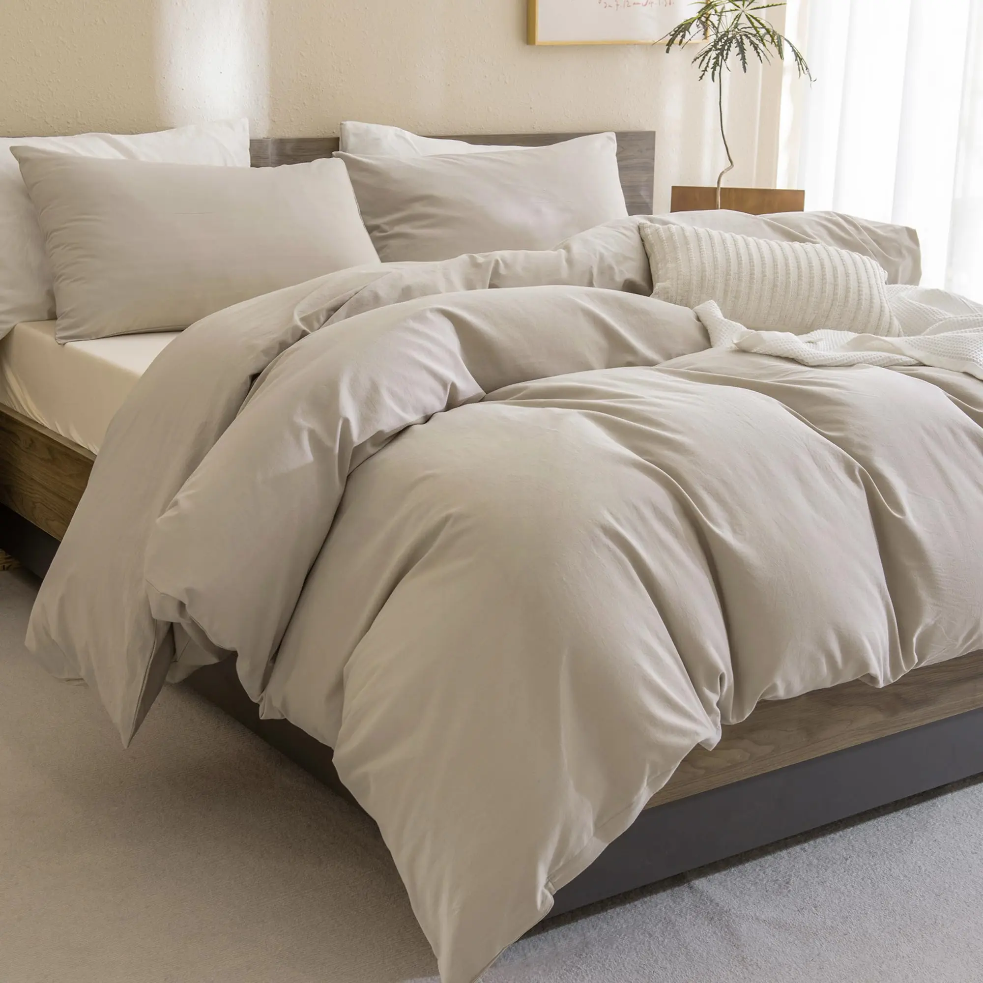 King Comforter Set,Organic Cotton Linen Feel Textured Comforter Set,Winter Warm Simple Neutral King Bedding Set 3 Pieces Comforter Set(1 Aesthetic Solid Comforter + 2 Pillowcases) Soft Lightweight Fluffy