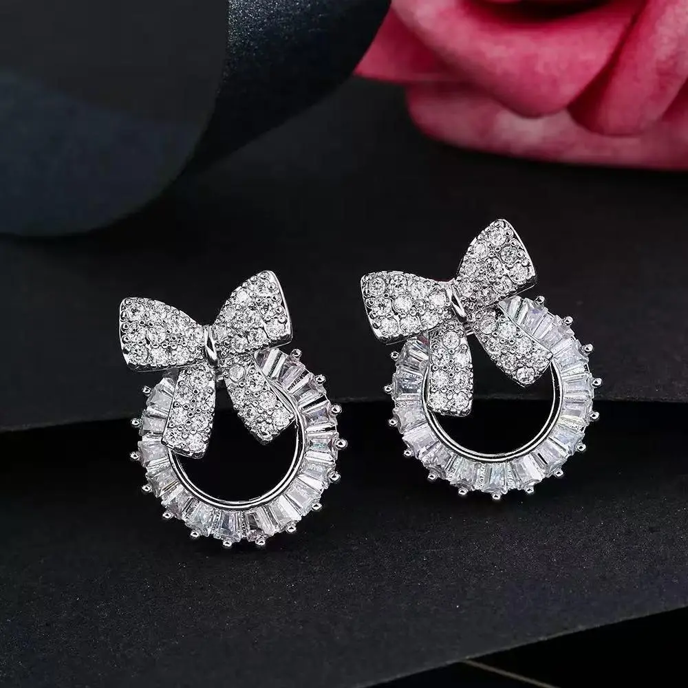Daily Wear Non-repetitive Design Statement Earrings with Cubic Zirconia Fashion Bow Design High-Quality Jewelry