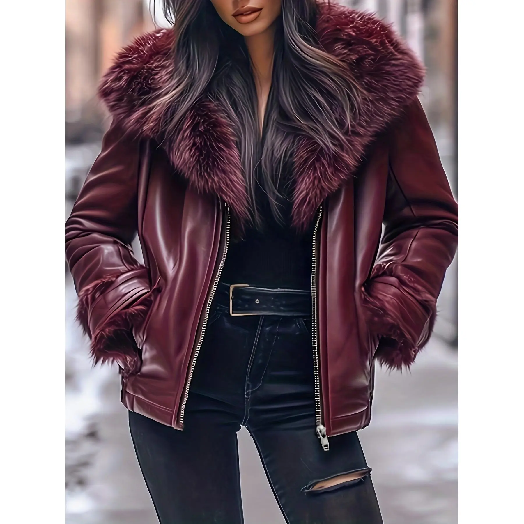 Women's Plain PU Leather Moto Jacket with Faux Fur Collar - Longsleeves Elegant Polyester-Lined Fall Winter Outerwear, Zip-Up, 80% Polyurethane 20% Polyester, Dry Clean