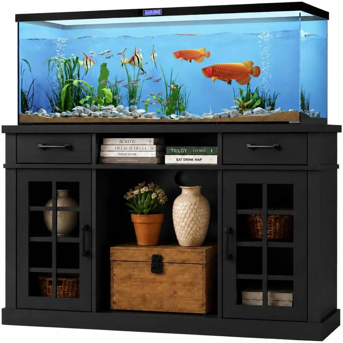 Farmhouse Rustic Look Heavy-Duty Wood Fish Tank Stand - 55-75 Gal Capacity, 1100LBS Load, Black, Sturdy Shelf with Storage Space for Aquariums, Reptiles/Turtles