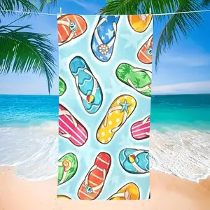 1pcs Oversized Microfiber Beach Towel - Soft, Lightweight, Quick-Dry Towel with Fun Prints, Colorful Flip Flops on Blue Watercolor Background, Sand-free, Soft Fabric Towel, Suitable for Travel, Picnics, Camping, Bathing, Swimming Pools