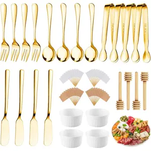 Charcuterie Boards Accessories 64Pcs Cheese Butter Spreader Knives Set Charcuterie Utensils Mini Serving Spoons and Forks Small Serving Tongs Sauce Cups Honey Dippers Toothpick Flags for Pastry Making