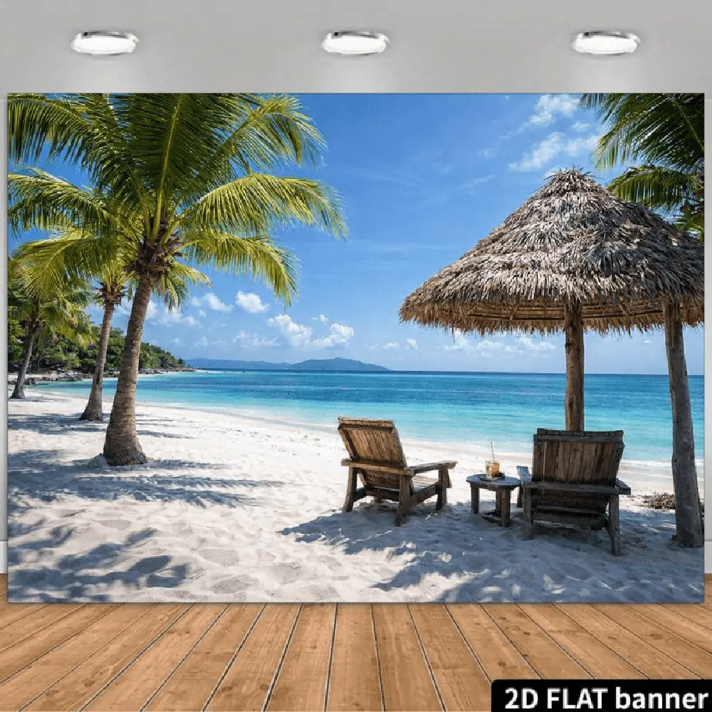 2D Flat Banner Polyester Photography Backdrop, HD Digitally Printed Tropical Beach Scene Background Cloth with Palm Trees, White Sand, and Blue Ocean, Soft Lightweight Foldable Machine Washable for Photo Studio, Video Content, Liv