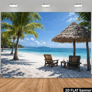 2D Flat Banner Polyester Photography Backdrop, HD Digitally Printed Tropical Beach Scene Background Cloth with Palm Trees, White Sand, and Blue Ocean, Soft Lightweight Foldable Machine Washable for Photo Studio, Video Content, Liv