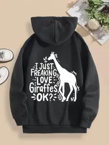 Women's Giraffe & Letter Print Drop Shoulder Hoodie, Fashion Casual Drawstring Pocket Hooded Sweatshirt for Daily Holiday Outdoor Wear, Women Clothing for Fall & Winter