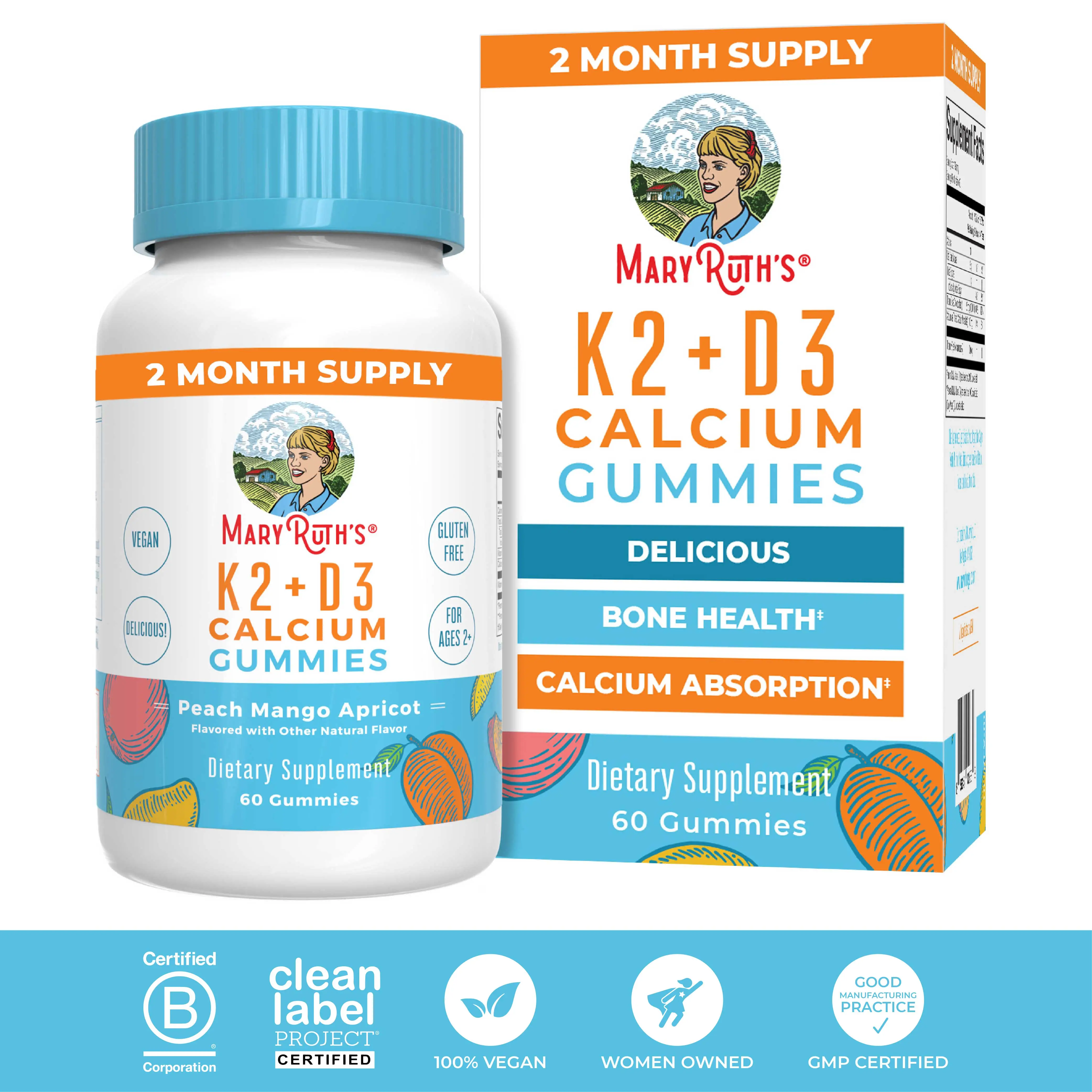 MaryRuth's K2+D3 Calcium Gummies - 2 Month Supply - Bone Health & Joint Support - Heart Health - Vegan - Non-GMO - Gluten Free - 60 count