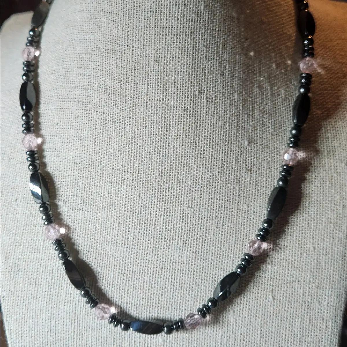 Magnetic Hematite beaded necklace with Pink Glass Beads