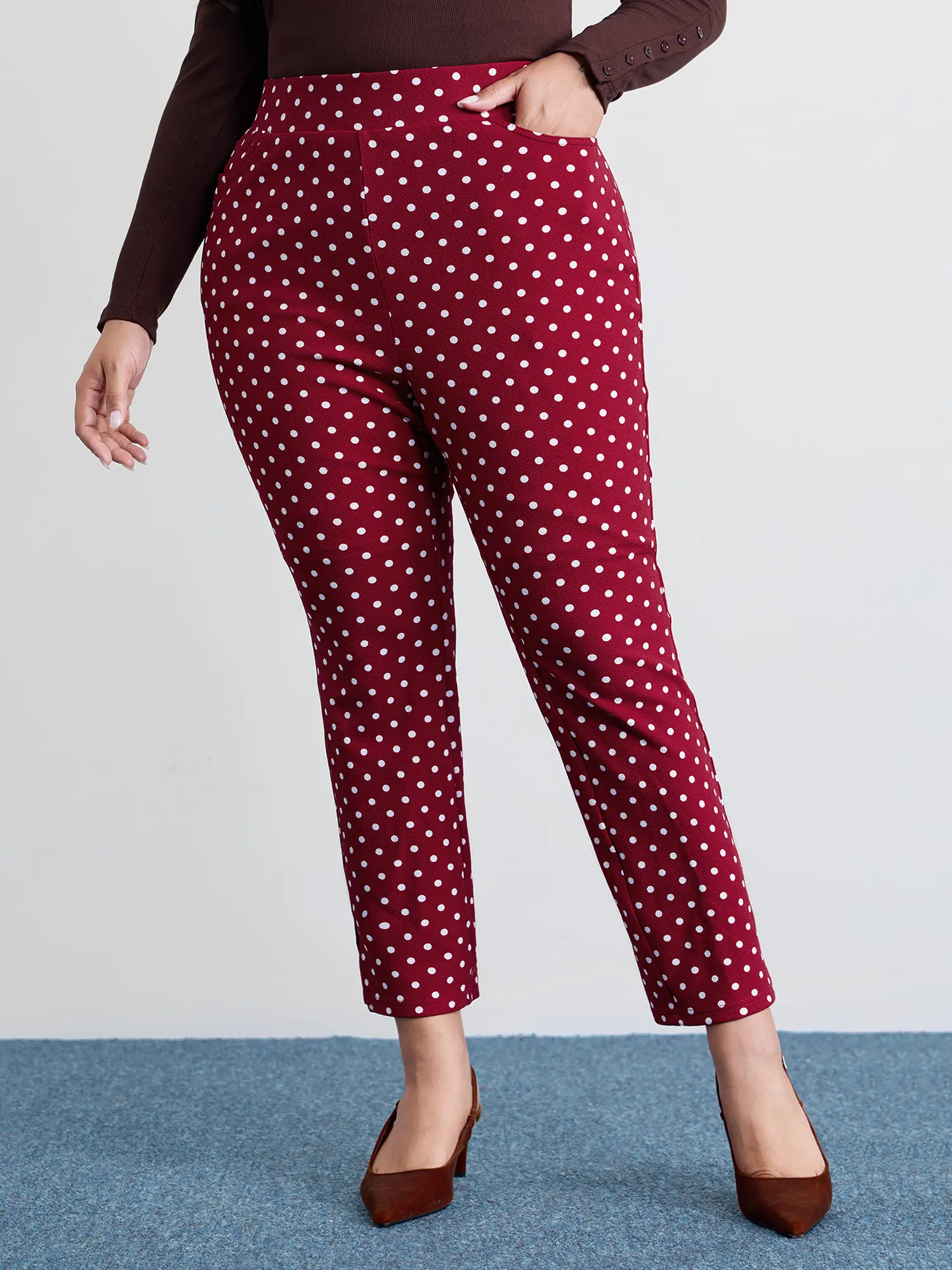 BLOOMCHIC Women's Plus Size Scarlet Polka Dot Fitted Mid-Waist Spandex Blend Fabric Pants - Skinny-Fit Casual Bottoms with Pockets, 2026 Summer Turn-Up Patterned Colorful Printed Clothes for Mothers Swimweek Vibes, Polka Dot Pants, Patterned Pants