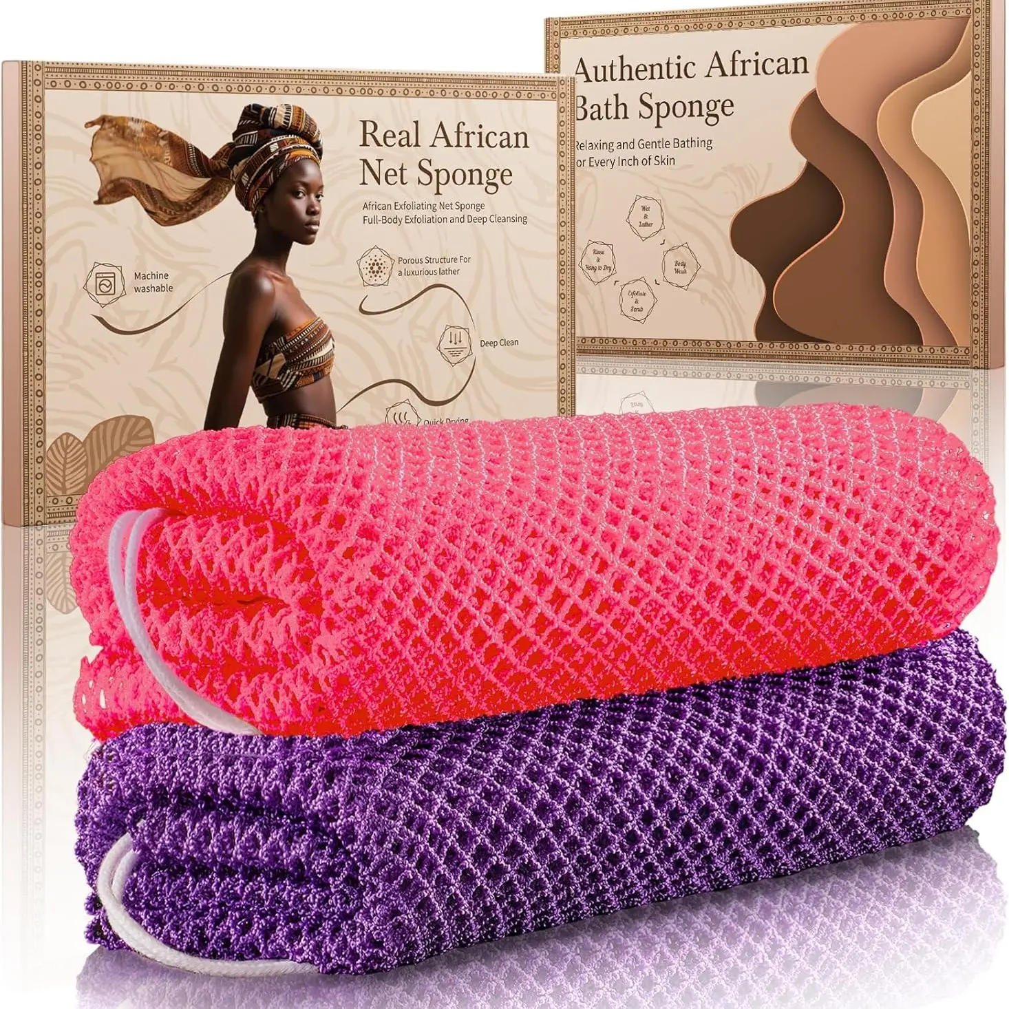 Africa Mesh Sponge Set Two Pieces, Gentle Exfoliating Body Scrub Sponge, African Net Sponges, African Bath Sponge, Suitable for All Skin Types, African Exfoliating Mesh Sponge with Handle