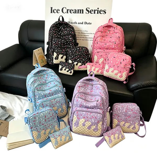 Women's 3-Piece Kawaii Melting Ice Cream Sprinkles Backpack Set - Insulated Lunch Bag, Pencil Case Included, Light Water-Resistant School Bookbag for Teen Girls, 4 Pastel