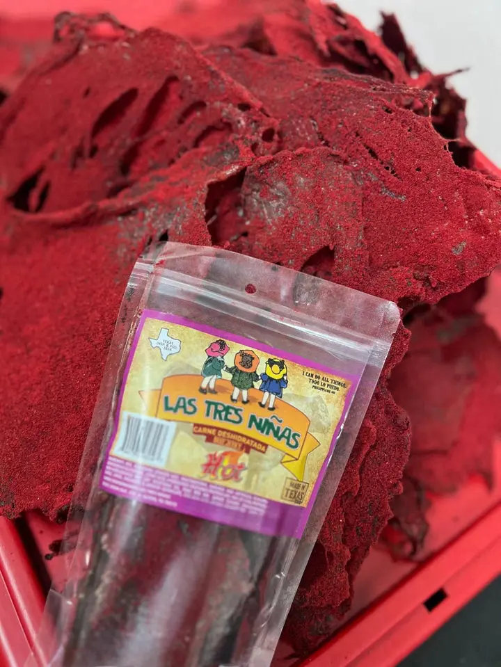 carne seca crunchy 100% premium beef jerky red powder fuego hot mexican snack Texas made 2.6 oz.