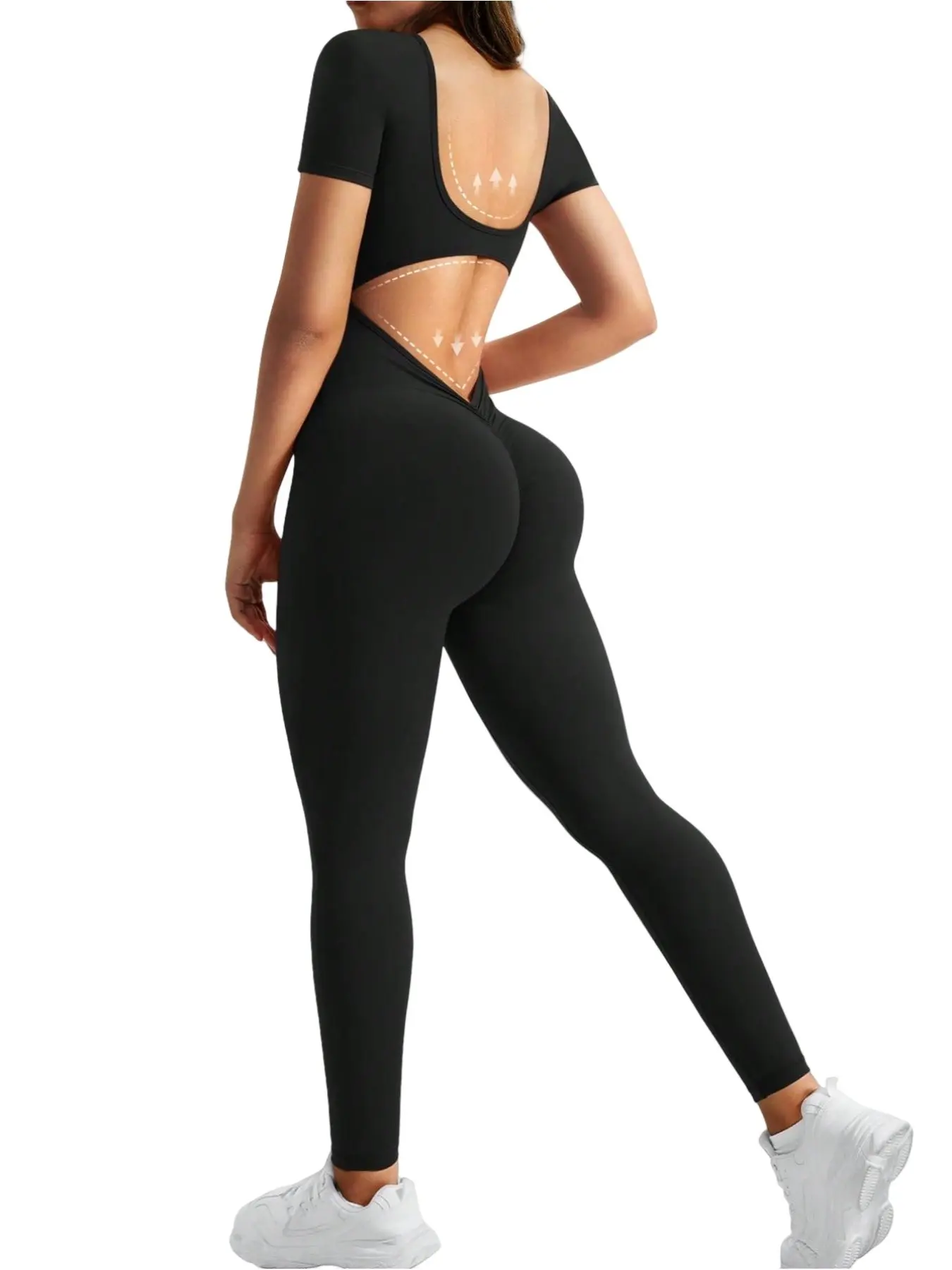 Plus Size Seamless Yoga Jumpsuit, Tummy Control Butt Lifting Workout Bodysuit, Open Back Short Sleeve Sport Jumpsuit, Activewear Jumpsuit, Sports Jumpsuit, Athletic Jumpsuit for Gym Fitness