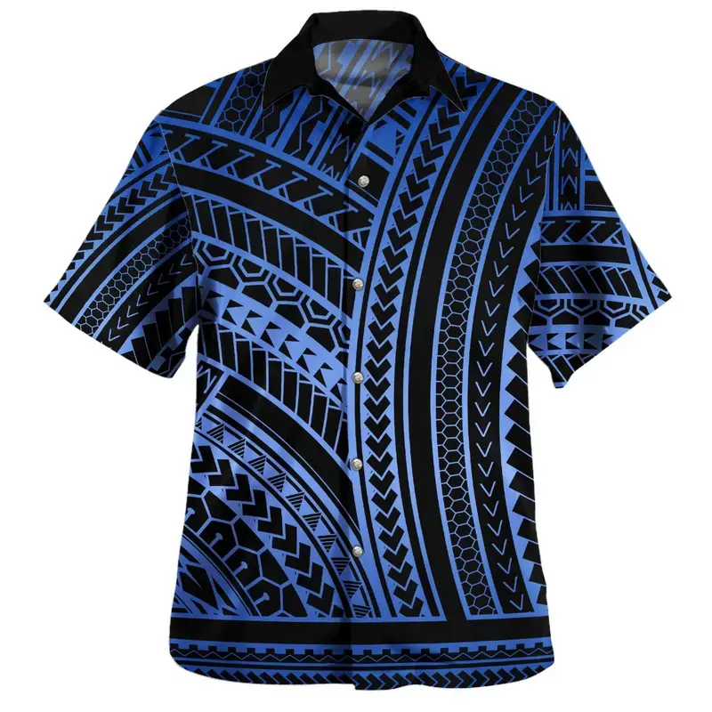 Polynesian Pattern Hawaiian Shirt, Tropical Tribal Graphic Short Sleeve Button Up, Casual Beachwear for Men Women