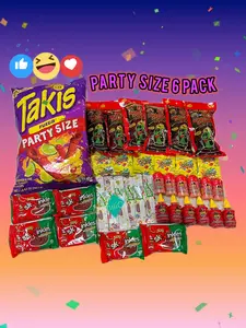 6 Family Party Size Six Pack Chamoy Pickle Candy Snack Kit with Takis, Gushers, Fruit Roll Ups, Lucas Powder, Liquid Lucas and Skwinkles Pack Multipack Multipack