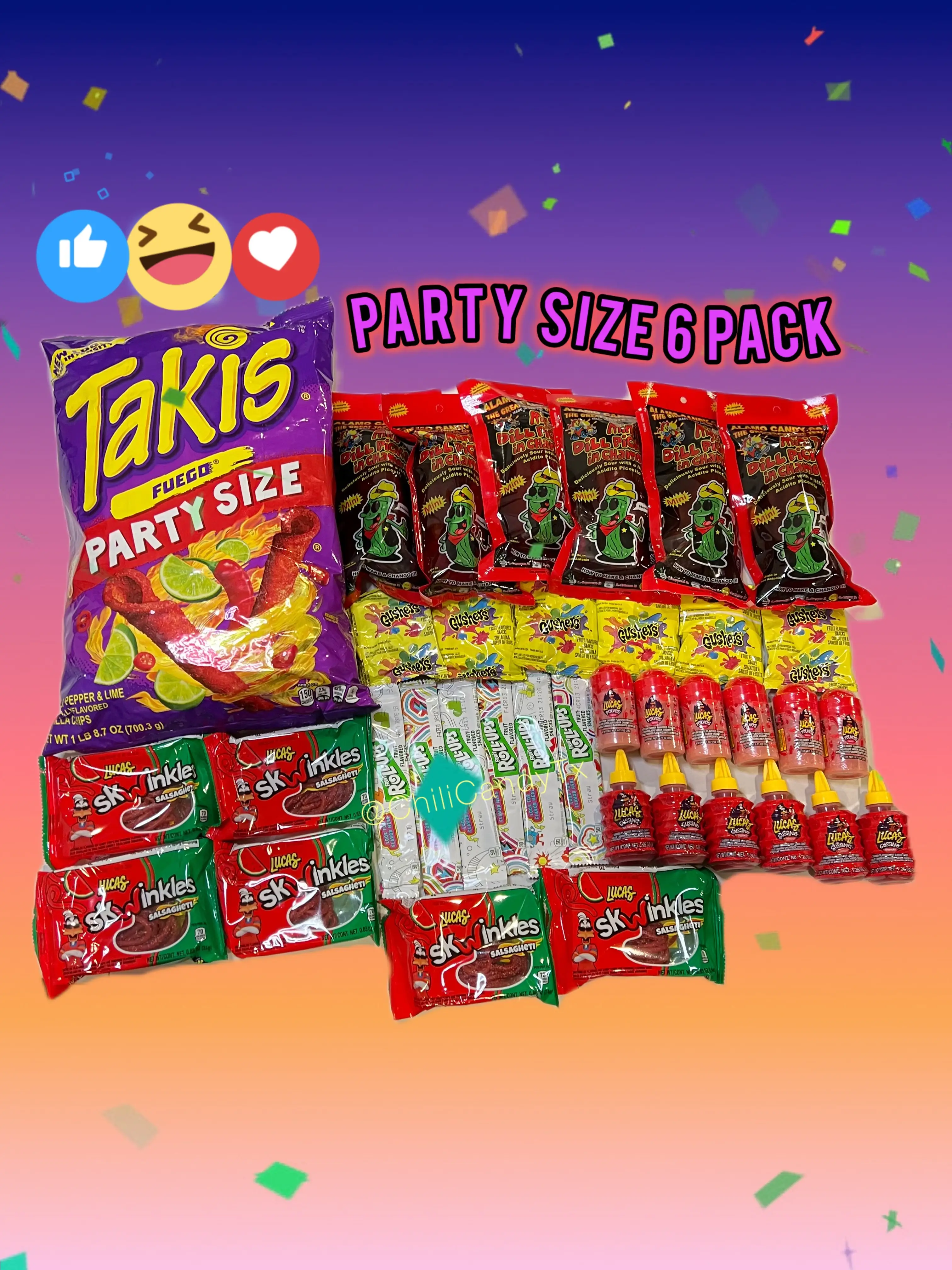 6 Family Party Size Six Pack Chamoy Pickle Candy Snack Kit with Takis, Gushers, Fruit Roll Ups, Lucas Powder, Liquid Lucas and Skwinkles Pack Multipac