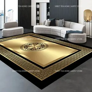 Luxury 2D Gold Black Medallion Flannel Area Rug - Vintage Ornate Border Print Soft Mat for Living Room, Non-Slip Modern Home Decor #LuxuryGoldRug #BlackGoldMedallionMat #ModernHomeDecor #OrnateCarpet #NonSlipFlannelRug