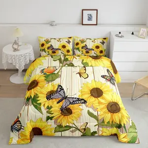 Butterfly Designer Comforter Set,Sunflower Comforter,Floral Print Queen Size Luxury Bedding Set,Breathable Botanical Ladybug Pattern Duvet Set