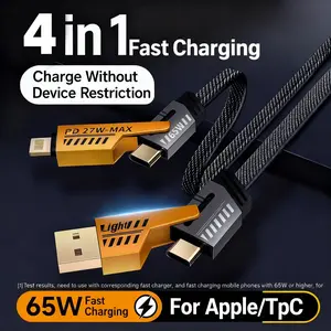 65w Quick Charge 4-In-1 Cable with USB-A, Type-C, Lightning Ports, Compatible with iPhone 16/15/14/13/12/11 Pro Max, Fast Charging for Samsung Lg Motorola, High Power Output