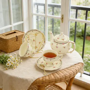 CNCEST Porcelain Tea Set with Metal Stand, 27oz Teapot & 2 Cups Gold Accent Tea Service for Afternoon Tea, Ladies' Gathering & Birthday Gift