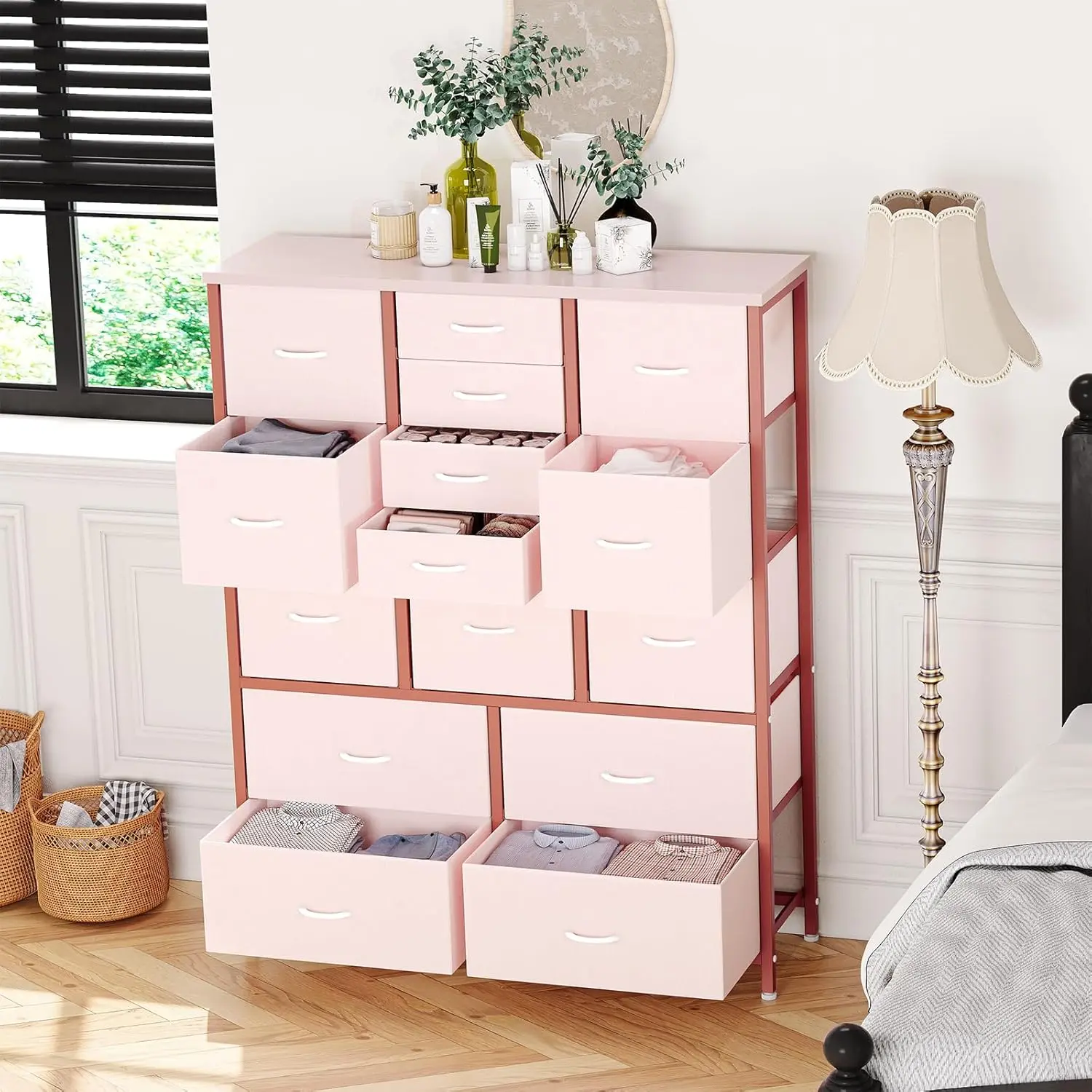 Sturdy Modern 15-Drawer Fabric Tall Chest Dresser with Wooden Top - Metal Framework, Space-Saving Entryway Bedroom Storage Organizer, Efficient Sorting, Detailed Instructions, Quick Setup, Pink (Assembly Required)