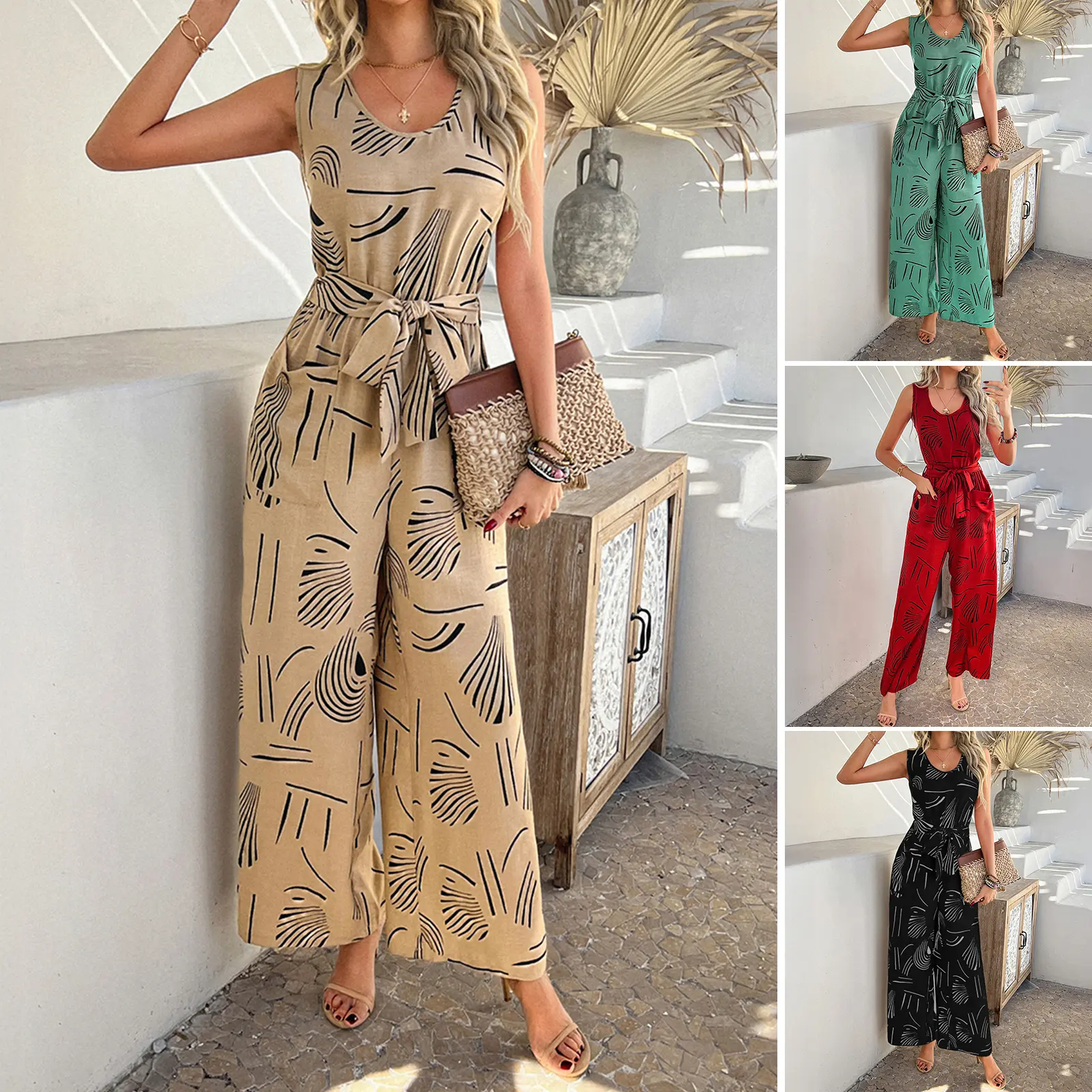 Women's Printed Polyester Jumpsuit, Casual Sleeveless Wrap V-Neck, Loose Belted High-Waist Flared Pants for a Summer Holiday Outfit, 100% Polyester, Lady, Drawing, Round, Button Details, Baggy