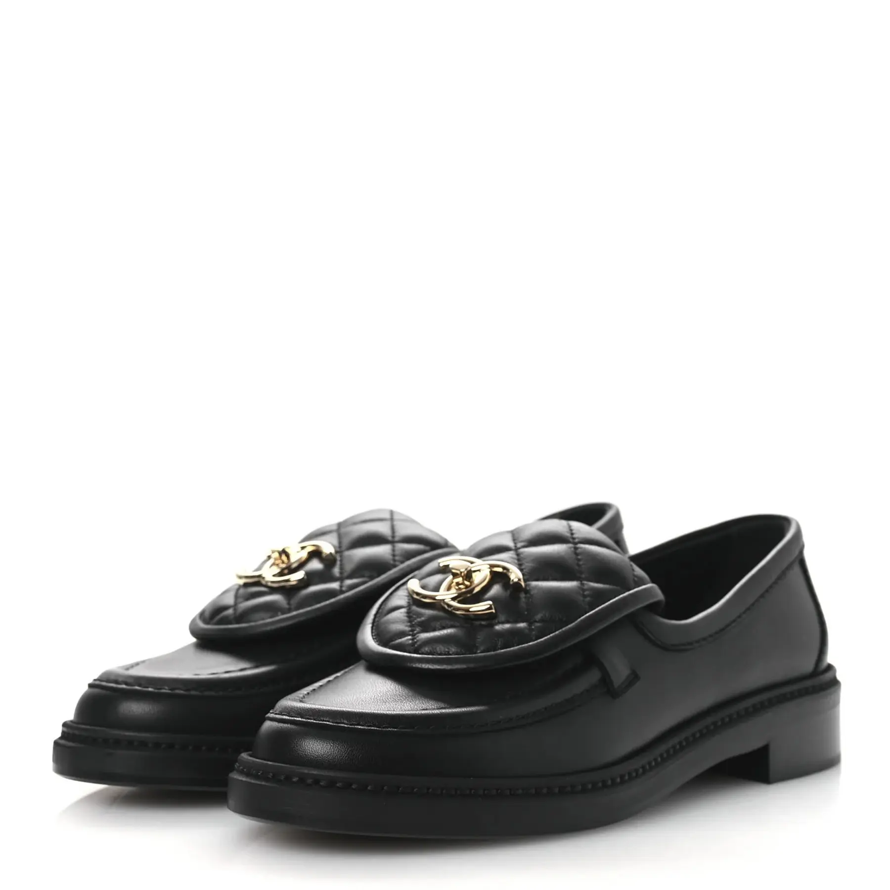 CHANEL 24C Black Lambskin Quilted CC Turnlock Flap Loafers Flats 37.5