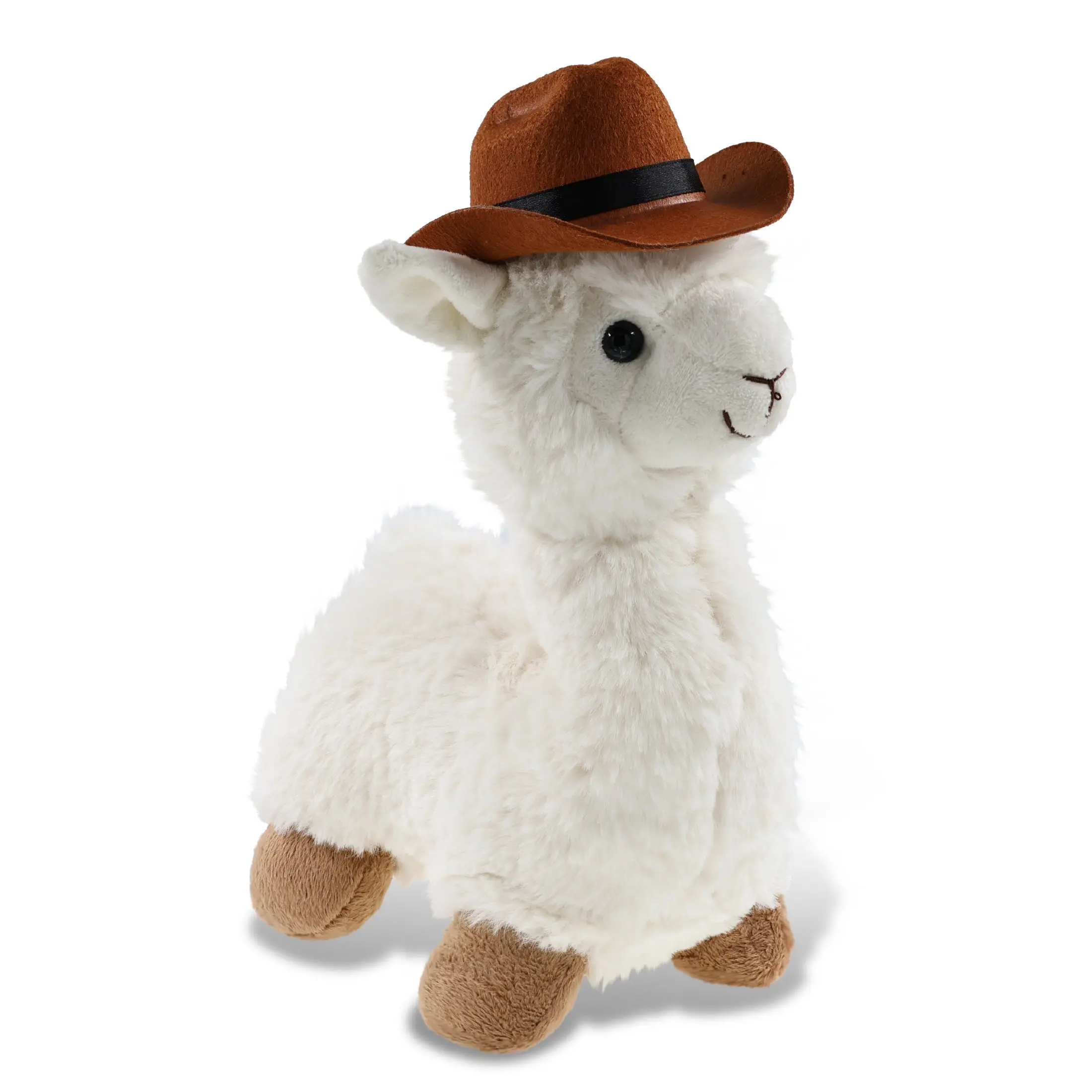 Dollibu White Llama Stuffed Toy - Super-Soft Plush, Western Themed, 1 Brown Cowboy Costume Hat Included, 10l x 4.75w x 11h Inches