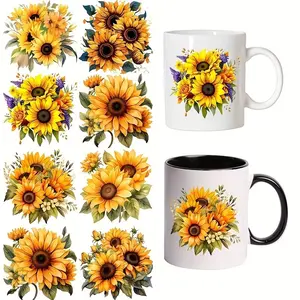 8pcs Sunflower-Themed Design Heat Transfer Sticker Set, UV DTF Stickers, Scratch-Resistant Stickers, Suitable for Mugs, Glassware, Various Hard Surfaces, High-Quality Craft Stickers, Artistic Transfer, Decorative Stickers, Vinyl Material