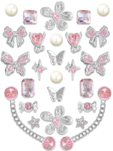 26pcs Silver Sparkle Resin Shoe Buckles, Butterfly Star Chain DIY Shoe Accessories, Hole-In-Shoe Decorative Parts