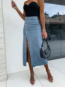 Women's High-Waisted Split Denim Midi Skirt, Fitted Straight Leg, Button Closure, Casual Style, Perfect for Spring Summer