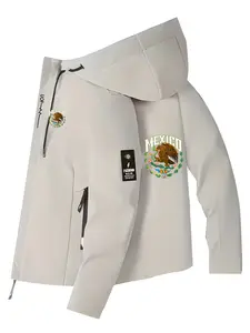 Men's Fashion Jacket with Eagle Logo, Stylish Zipper Pockets, Casual Hooded Design, Spring & Fall Wear, Polyester Material, Slim-Fitting