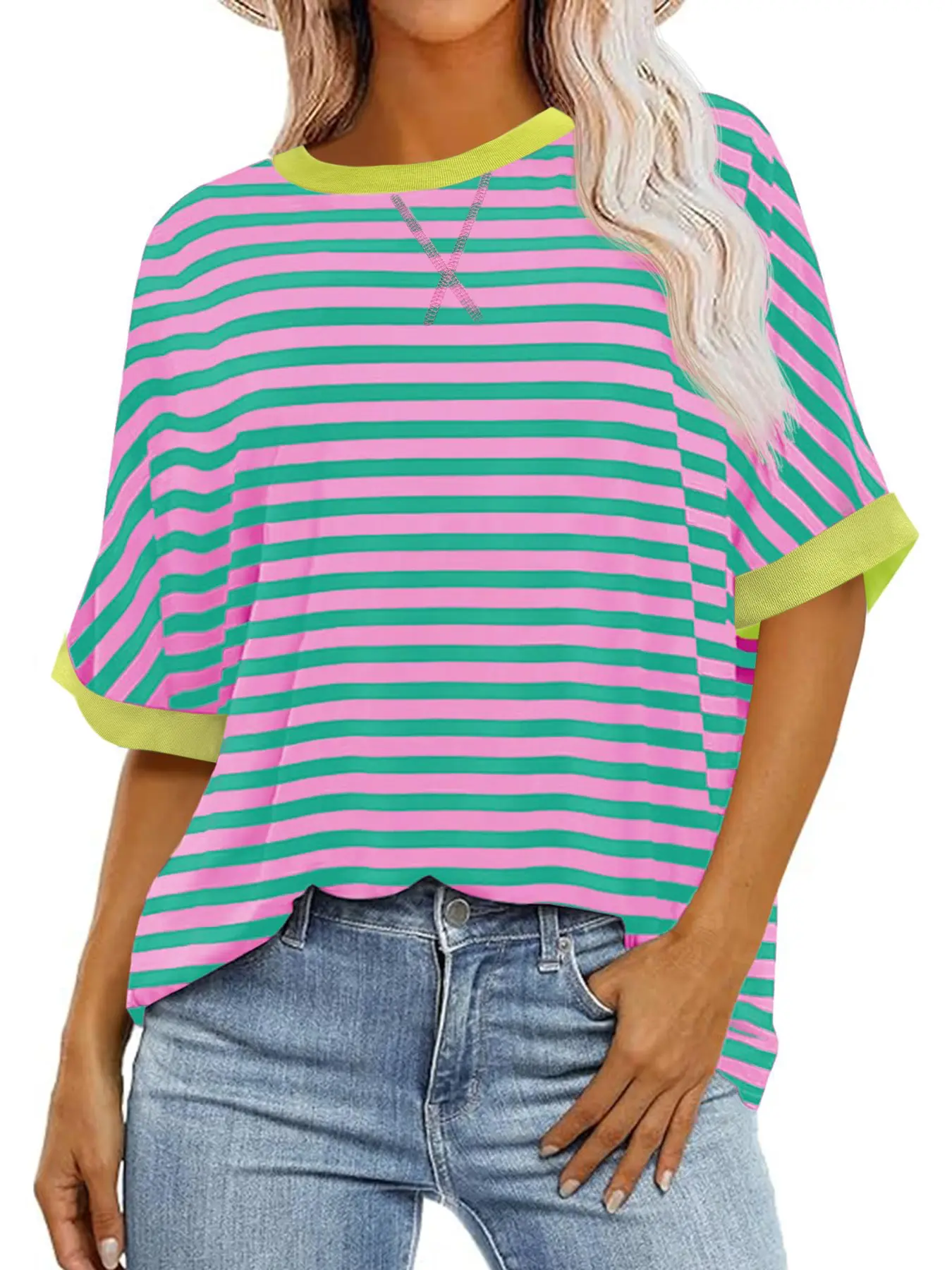 Renaishow Women's Oversized Pink and Green Striped T-Shirt, Casual Summer Short Sleeve Crew Neck Color-Block Top, Shortsleeve, Tshirt, Piece, Half Sleeve, Women's Tops And Blouses, Valentines Day, Colorful Style, Outdoors