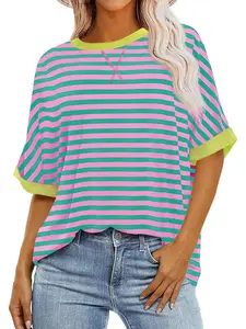Renaishow Womens Oversized Striped Tee Shirt Summer Casual Color Block Half Sleeve Crew Neck Tunic Tops in Vibrant Green and Pink Stripes