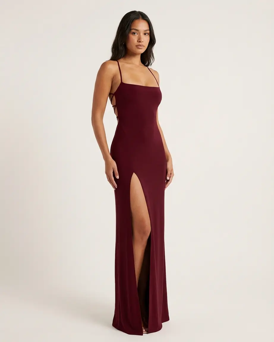 Elengatine Women's Elegant Backless Spaghetti Strap Bodycon Maxi Dress -  Criss Cross Lace-Up Back, High Slit,