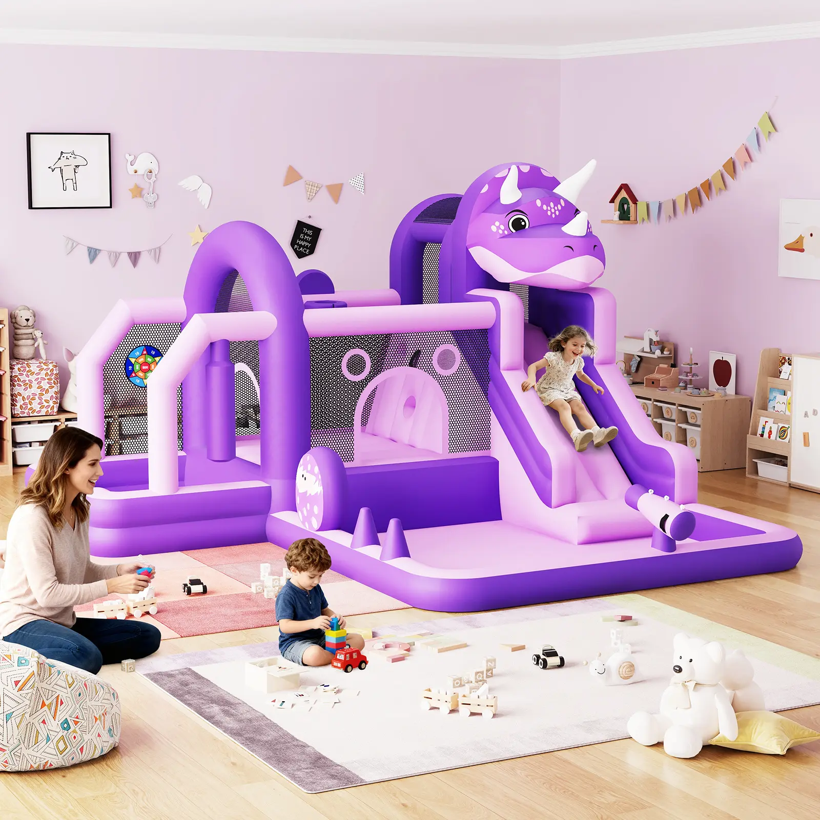【SummerWins】GARVEE Dinosaur-Themed Multi-Purpose Inflatable Bouncy Castle, Toddler Playground Outdoor with Slide, Climbing Wall, Ball Zone, Mesh Sides, Durable Oxford Cloth, Air Blower, Full Accessories, 250 lbs Capacity, for Birthday & Outdoor Play, Play