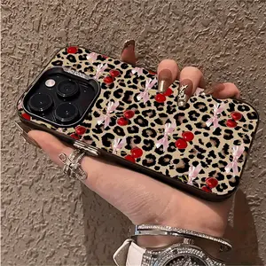 Stylish Ribbon Cherry with Leopard Print Retro Print Stylish Pattern Case for iPhone 16 15 14 Pro Max 13 12 11 XR XS Plus Shockproof Drop Protection Durable PC Smartphone Cover