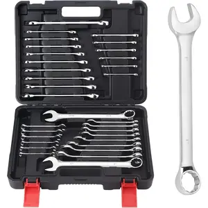 32- Combination Wrench Set, SAE and Metric 1/4"-1" & 7mm-22mm Wrenches Chrome Vanadium Steel Box End and Open End Standard Wrench Set with Case