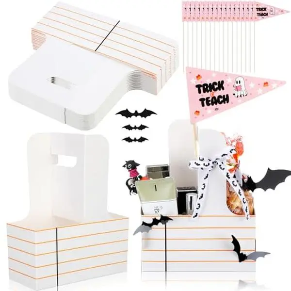 12 Pack Halloween Teacher Gifts Cup Holders with Flag Bat Decor Ribbon, Cardboard Drink Carrier with Handle for Educator Coworker for Teacher Appreciation Trick or Treat Gift Lounge Treat Bar Classroom Party