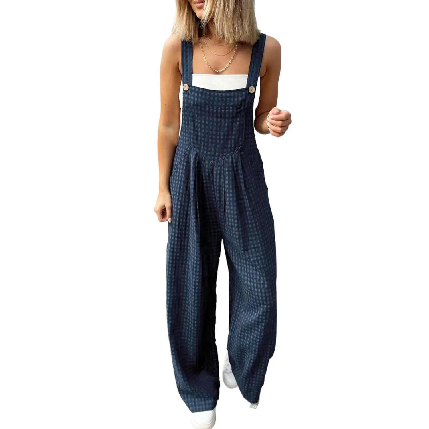 Women's Sail Blue Plaid Print Buttoned Pocketed High Waist Overall Jumpsuit