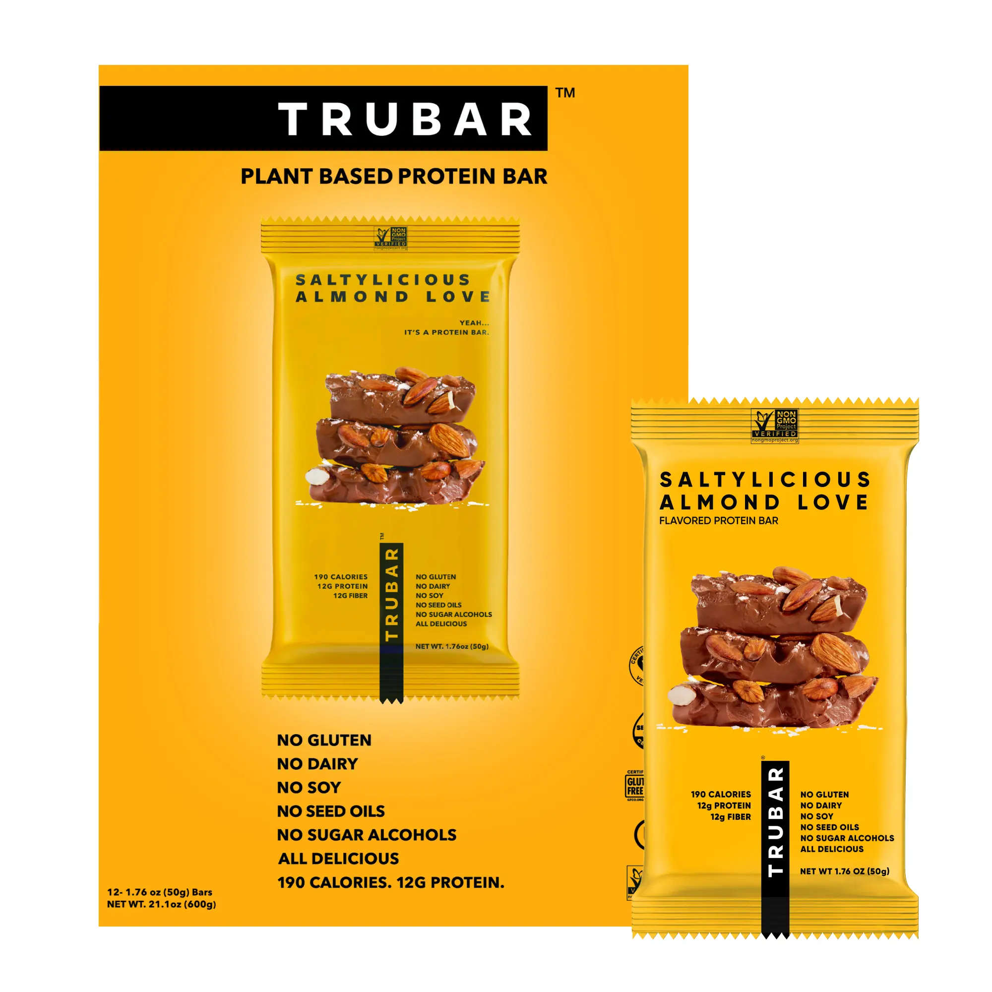 TRUBAR Vegan Protein Bar, Saltylicious Almond Love, Gluten Free, Plant Based Protein, Dairy Free, Non GMO, Soy Free, No Sugar Alcohols, 12 CT Snack