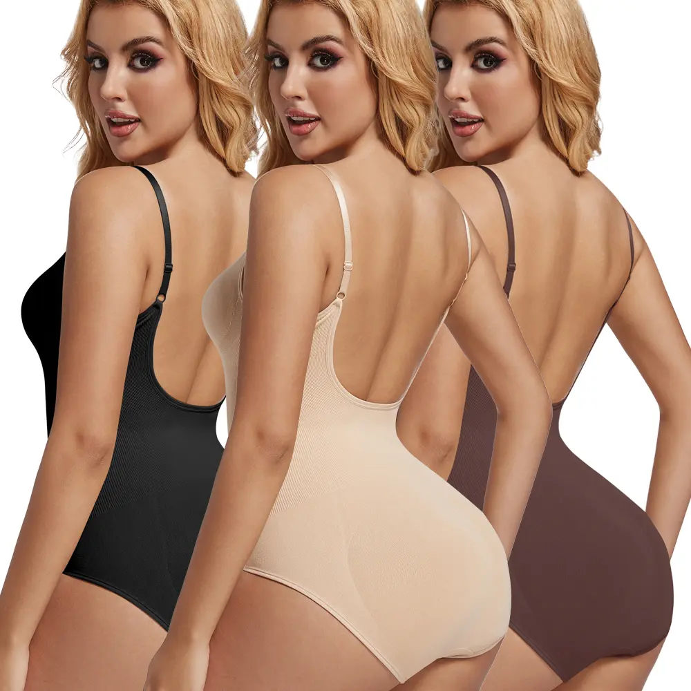 Women's Knit Fabric V-Neck Compression Backless Bodysuit Shapewear - Tummy Control, Solid Fashion Cami Tank Top, Low Back Underwear, Body Contouring