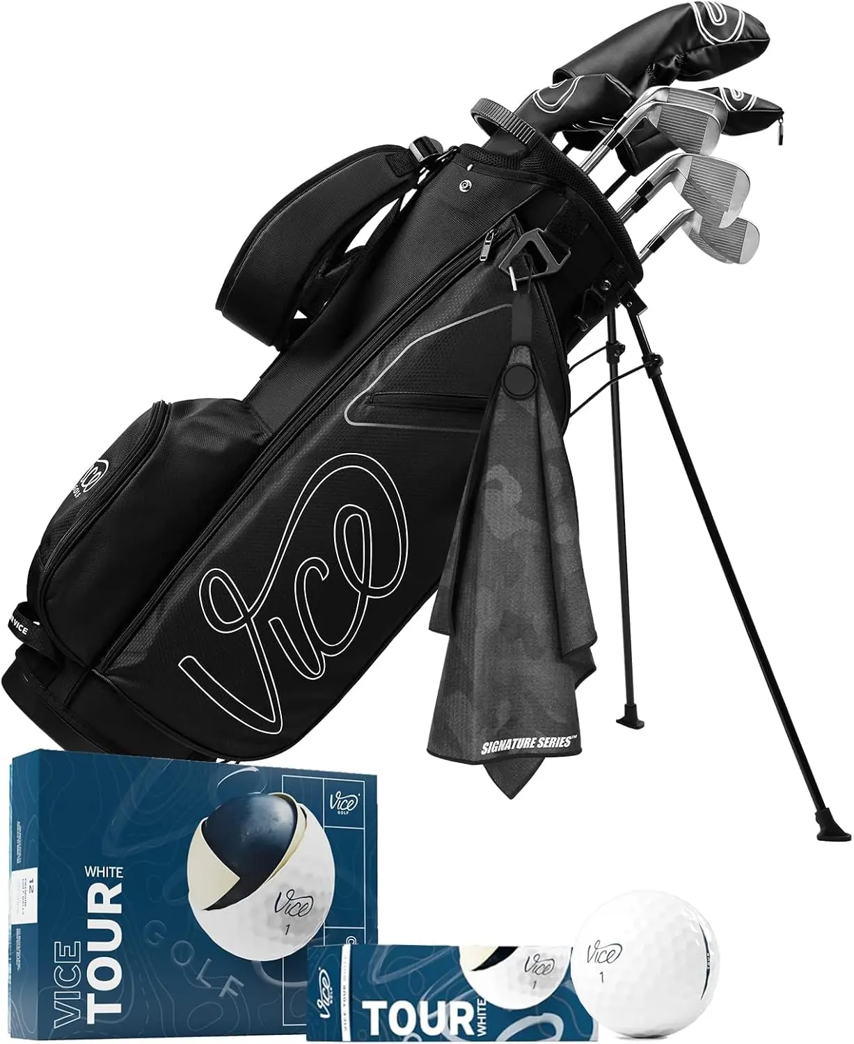 Men's Boost Complete Starter Club Package Set - Steel, with Stand Bag, Headcovers, and Tour Balls - Left-Handed with Signature Series Golf Towel Bundle