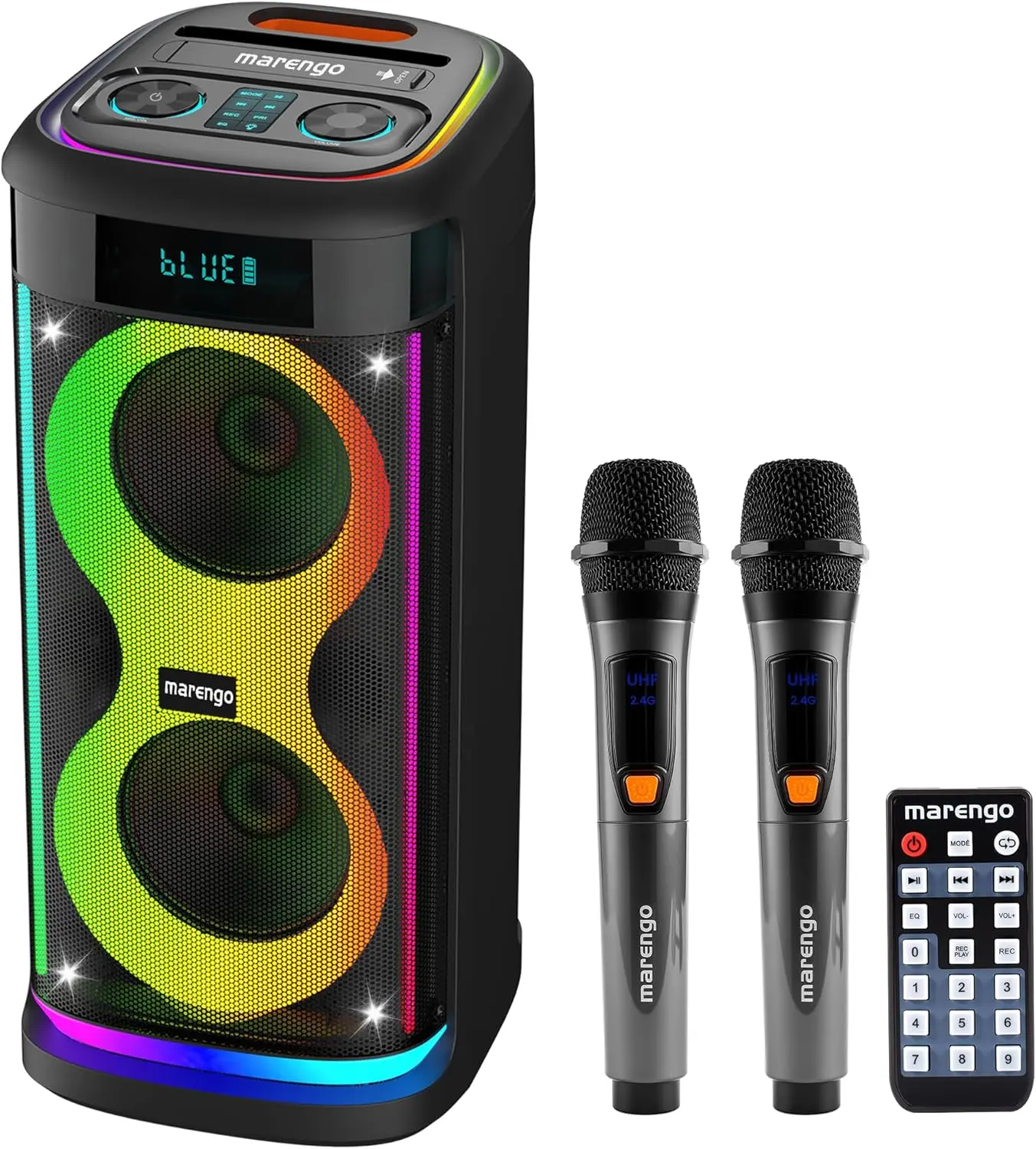 Marengo Rechargeable Bluetooth Karaoke Speaker with LED Lights & Dual Mics,Dynamic LED Lights,FM Radio,USB, Portable Party Speaker with Deep Bass & Stereo Sound for Home and Outdoor Fun Audio Christmas gift Full Bass