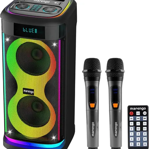 Marengo Rechargeable Bluetooth Karaoke Speaker with LED Lights, 2 Mics, FM Radio, USB, USB-C, Deep Bass Stereo Sound, Karaoke System for Home & Outdoor Use, Gift Ideas for Music Lovers & Party Vibes