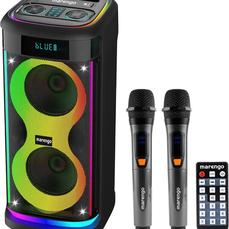 Marengo Rechargeable Bluetooth Karaoke Speaker with LED Lights, 2 Mics, FM Radio, USB, USB-C, Deep Bass Stereo Sound, Karaoke System for Home & Outdoor Use, Gift Ideas for Music Lovers & Party Vibes