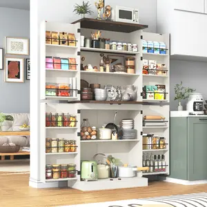 Farmhouse Kitchen Pantry Cabinet 71" Tall Storage with Adjustable Shelves 4 Barn Doors & Drawer Rustic Wood Cupboard for Kitchen Dining Room Living Room White Brown Black Blue Furniture Organizer